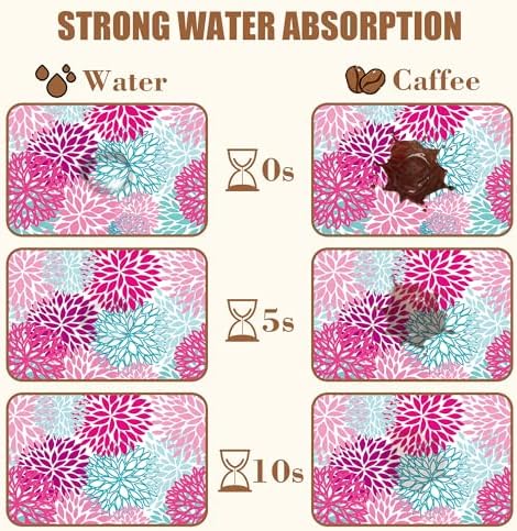 Pink Blue Chrysanthemum Flowers Dish Drying Mat for Kitchen Counter Coffee Bar Mat Hide Stain Absorbent Rubber Backed Drying Rack Pad Espresso Machine Coffee Bar Accessories 15.7 x 23.6 Inch