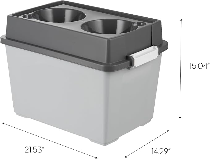 IRIS USA Elevated Dog Bowls 15" H, up to 47 lb Storage, Gray/Dark Gray | Made in the USA, Comes with 2 Stainless Steel Bowls (64 oz), Elevated Feeder, Reduce Strain, Perfect for Camping & Outdoors