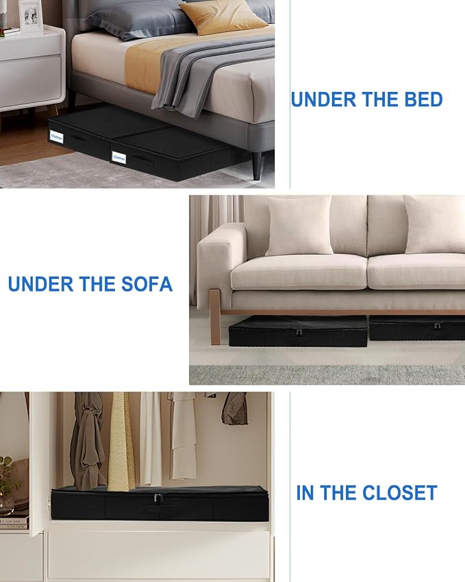 4.5-In Low Profile Under Bed Storage, Rigid Support, 2 Pack, Black | Thin Clothes Storage, Rigid Sides & Bottom, Zipped Lid, Reinforced Handles, Limited Clearance, Couches, Cribs, Dorm Beds