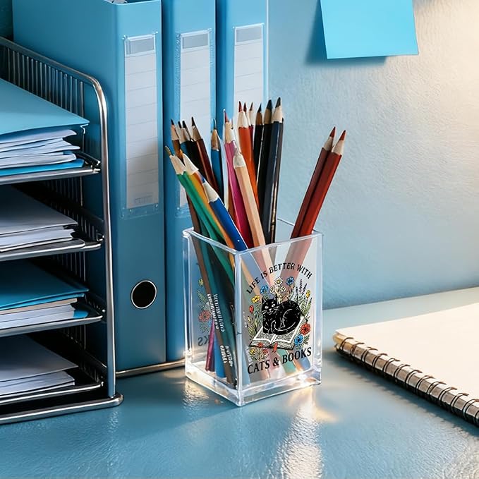 Life Is Better With Cats & Books Acrylic Pencil Holder Cup for Women | Funny Floral Cat Books Desk Organizer for Book Lover Bookish Bookworm Reader, Pet Lover Gifts for Mom Sister BFF, Pencil Cup
