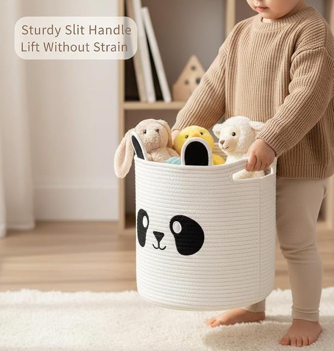 Storage Basket, 14” x 12” Woven Cotton Rope Bin with Panda Design, Cutout Handles, Foldable & Washable Decorative Home Storage Organizer for Laundry, Clothes & Household Items (Panda)