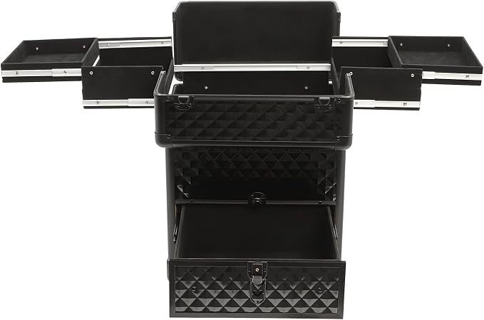Rolling Makeup Train Case, Nail Cart Organizer with Detachable Wheels &1 Drawer, Lockable Travel Nail Desk, Black Cosmetology Case for Hair Stylists, Pet Groomers, Makeup Artists