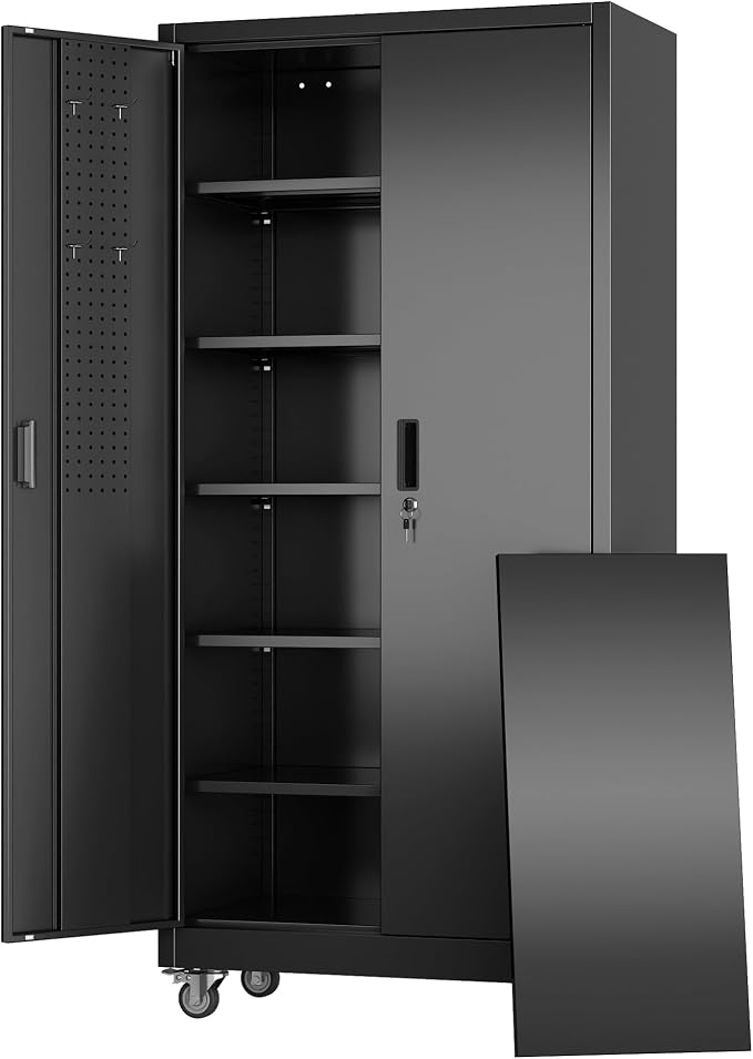 Metal Garage Storage Cabinet with Wheels and Door Pegboard | Garage and business storage for tools and office supplies; 5 adjustable shelves, lockable black cabinet, 16"D x 32"W x 71"H