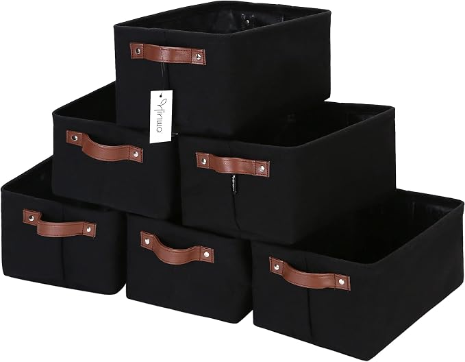 Hinwo 7.9L Compact Canvas Storage Bin with Handles, 6-Pack | Collapsible Fabric Baskets, Storage Cubes, Closet Shelf Organizers, Containers for Small Items Trinkets (Black)