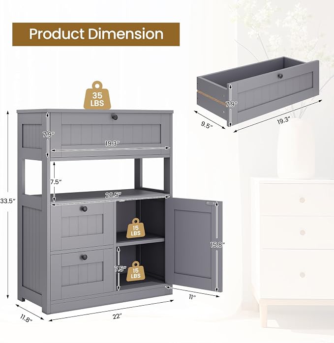 GRUSIGN Bathroom Cabinet, Modern Bathroom Floor Storage Cabinet Organizer with 1 Door and 3 Drawers, Freestanding Cupboard for Kitchen/Living Room Use