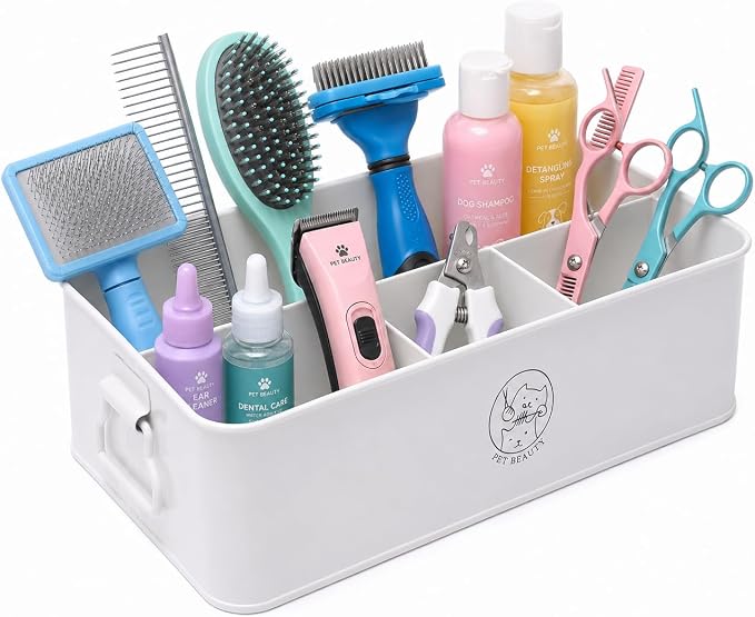 Dog Grooming Organizer Caddy, 4-Compartment Metal Pet Grooming Supplies Storage Bin with Handles, Pet Stuff Holder for Brushes, Clippers, Scissors, Combs, Cat Dog Grooming Kit-White