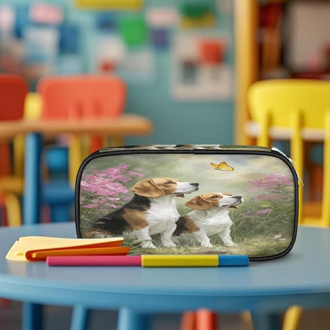 Pencil Case Large Capacity Pencil Bag Two Cute Beagle Dogs Floral Pouch Box Organizer Pen Case, School Supplies for Teen Adult