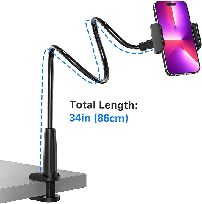 Gooseneck Phone Holder for Bed, 34inch Flexible Overhead Cell Phone Mount for Desk, Hands-Free Viewing Clamp Stand Compatible with iPhone 17 16 15 Pro Max and 3.5-7" Devices