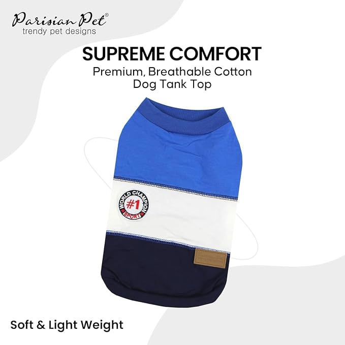 Parisian Pet World Champion Dog Tank Top - Breathable Cotton Pet Apparel - Blue Puppy Clothes - Lightweight Doggie T Shirts for Dogs - Comfortable Sporty Dog Clothes - Summer Shirts for Small Dogs