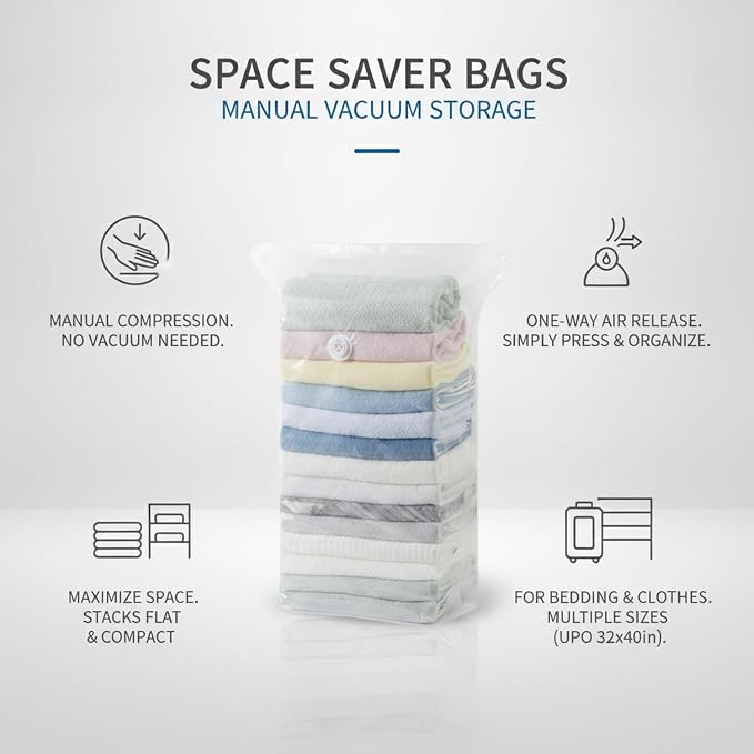 Manual Press Vacuum Storage Bag for Clothes & Bedding, Space Saver Bag with One-Way Valve, No Pump Needed (1 Pack)