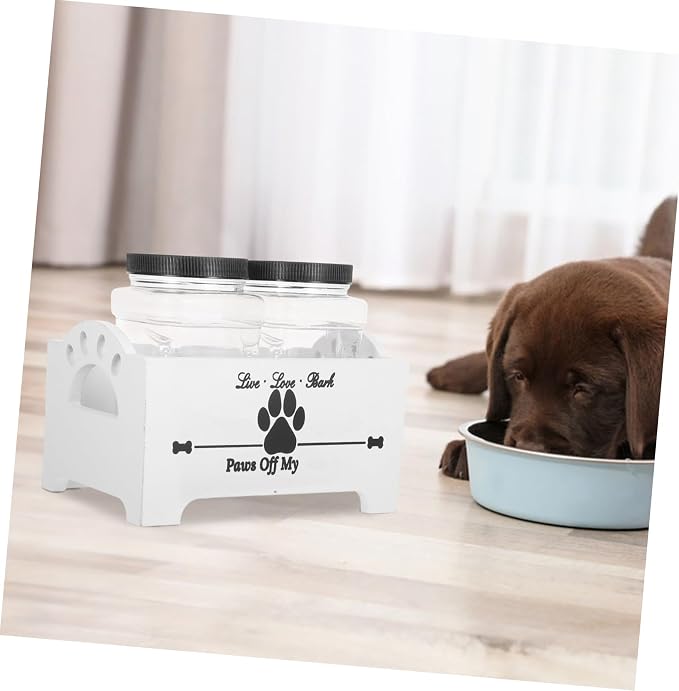 Yardwe Wooden Dog Food Storage Box with Two Airtight Jars, Pet Treat Organizer Bin for Home Use, White Solid Wood Snack Crate for Dog Food and Pet Accessories