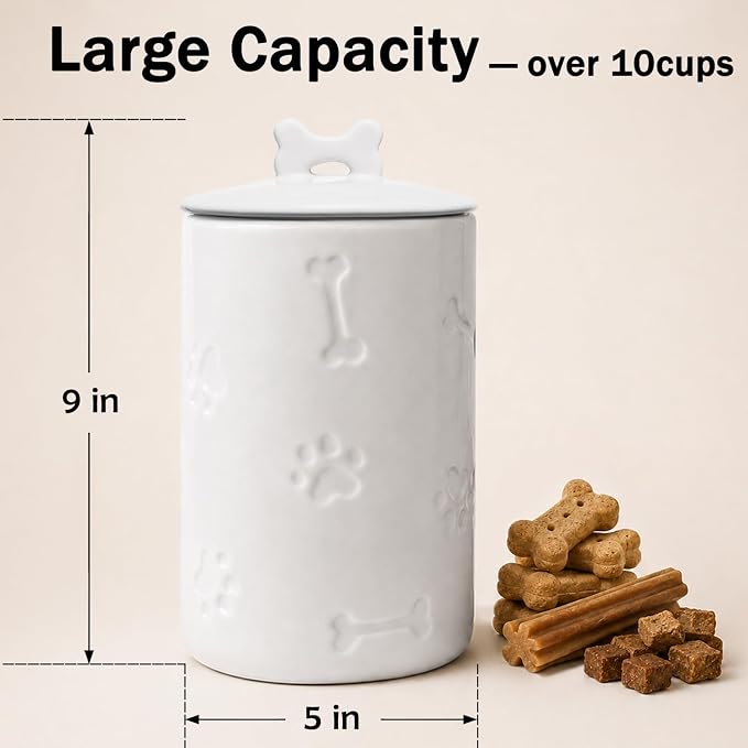 Dog Treat Container Airtight - 9"x5" Ceramic Big Treats Jar with Lid(White) | Large Capacity Doggie Cookie Jar for Countertop, Airtight Lid Keep Food Fresh, Sturdy Durable, Cute Prints and Bone Handle