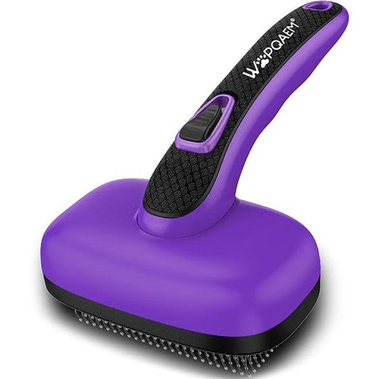 Self Cleaning Slicker Brush for Dog, Cat, Skin Friendly Shedding & Grooming Tool for Long and Short Haired Pets, Easy Clean Retractable Bristles, Purple