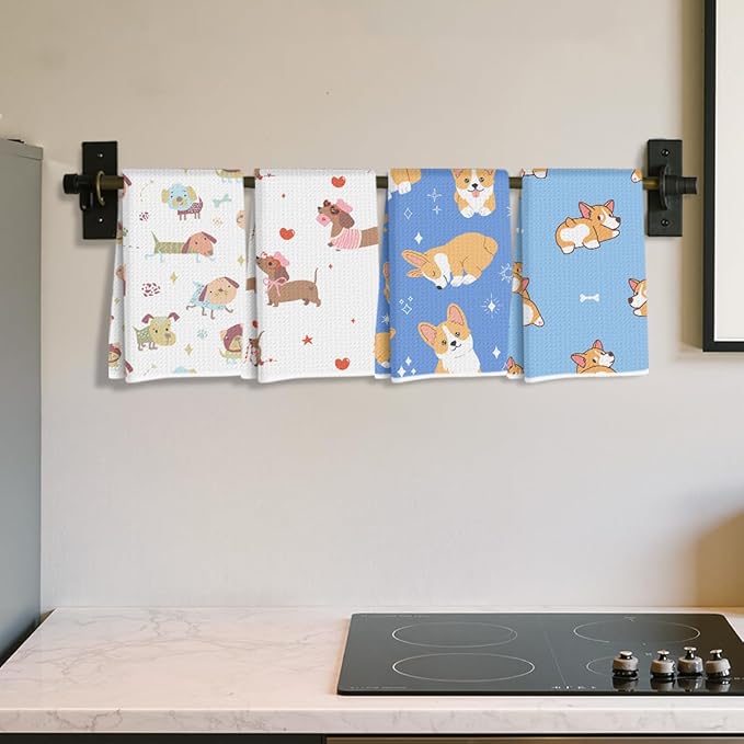 Hanamiya Na 4Pcs Adorable Cartoon Dog Kitchen Towels, Corgi & Dachshund Decorative Absorbent Microfiber Dish Cloth Tea Towel, Waffle Hand Towels for Farmhouse Home Bathroom, Dog Lover Gifts