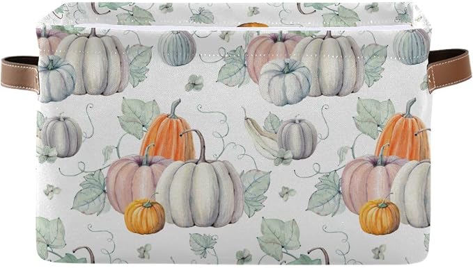 Fall Pumpkin Storage Basket Fabric Kitchen Baskets Autumn Maple Leaves Open Home Storage Bins Boxes Foldable Organizer Bag for Baby Cloth Pet Toy Book Shelf Closet Baskets 16×12×8 Inches