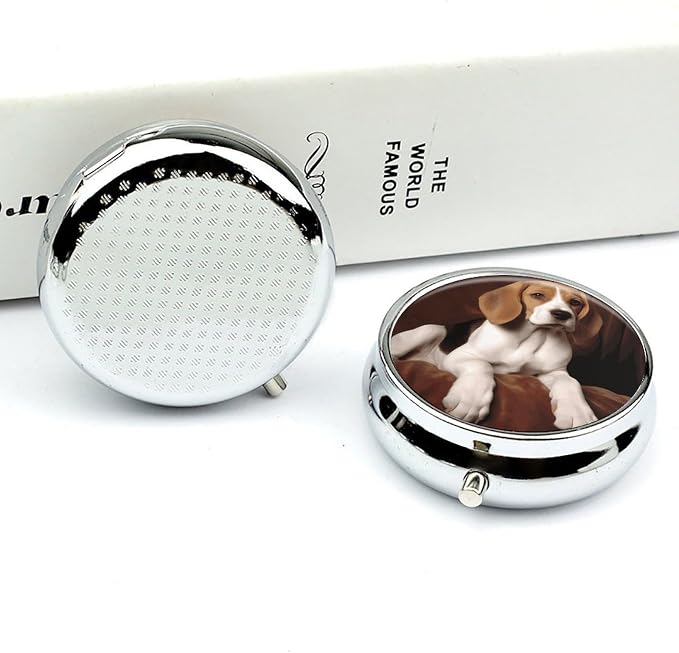 Ovely Pet Dog Beagle Pill Box 3 Compartment Round Travel Pill Case | Metal Mini Pill Organizer for Travel, Easy-Open, Fits Pocket/Purse, Small Pill Container for Vitamins Fish Oil & Supplements