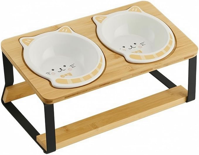 Cat Bowl Stand Elevated Feeder Raised Holder Double Dish Organizer Bamboo Wood and Iron Slanted Feeding Board with Two Round Slots Suitable for Cats