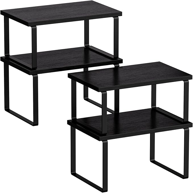 Cabinet Organizer Shelf, Kitchen Counter Shelf, Pantry Storage Riser | 4 Pack Natural Black & Black Beige Shelves with Metal Legs, Stackable Countertop Risers for Kitchen, Pantry & Cabinet Storage