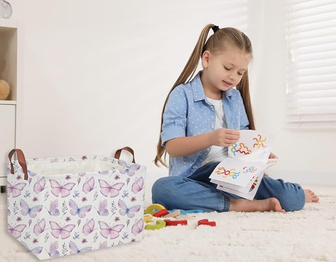 Rectangular Kids Baskets Butterfly Basket Kids Storage Bins Girls Basket Cute Storage Bin Organizer Box Room Decor for Home(Flower Butterfly)