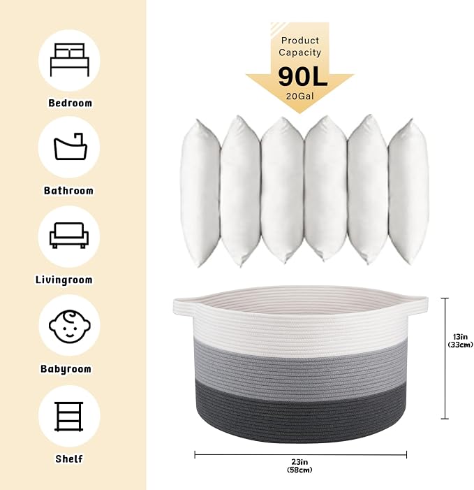 OIAHOMY 90L Extra Large Blanket Basket - Decorative Cotton Rope Storage Basket for Bedroom, Living Room & Nursery - Woven Laundry Hamper for Organizing Blankets, Clothes & Toys - Gardient Dark Grey
