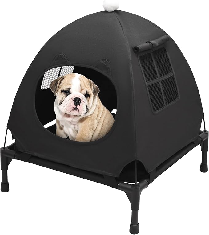 Pozico Elevated Pet Bed with Breathable Mesh for Small Cat and Dog, Raised Cooling Pet Cot for Puppy and Kitty, 18.9x18.9 inch (Black Bed with Canopy)