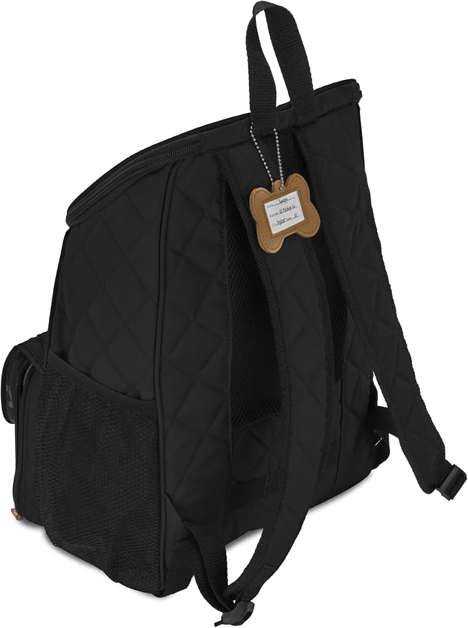 Mobile Dog Gear: Weekender Backpack - Black - Quilted Pet Travel Bag Holds Dog Accessories, Food Carriers, Silicone Bowls, Built-In Feeding Placemat