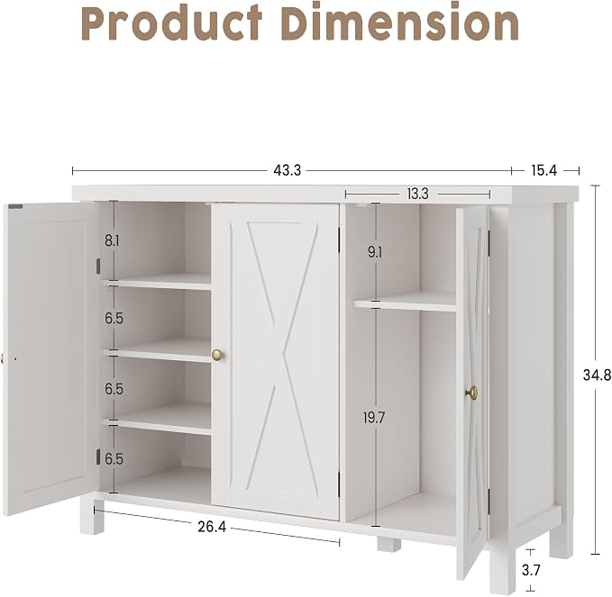 CABIHOME Farmhouse Shoe Cabinet with 3 Barn Doors & Wood Legs, 5-Tier Shoe Storage Cabinet with 3 Adjustable Shelves, Tall Shoe Rack Organizer for Closet, Shoe Organizer for Entryway, Hallway, White