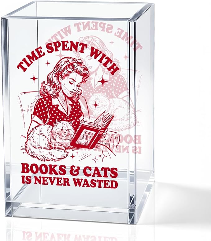 Time Spent With Books & Cats Acrylic Pencil Holder Cup, Funny Floral Cat Books Desk Organizer for Book Lover Bookish Bookworm Reader, Cats Lover Gifts for Mom Sister BFF, Pencil Cup for Desk
