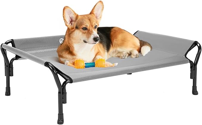 Veehoo Cooling Elevated Dog Bed, Raised Dog Cot with Guardrail & Headrest | Washable Dog Couch Bed for Indoor & Outdoor, Durable Breathable Teslin Mesh, Non-Slip Feet, Medium, 39.5" x 28", Grey