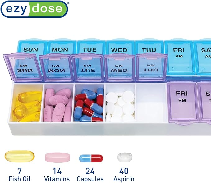 EZY DOSE Weekly (7-Day) AM/PM Daily Pill Case, Medicine Planner, Vitamim, Fish Oil, Supplements Organizer Container, Large Compartments, 2 Times a Day, Blue and Purple Lids, BPA Free