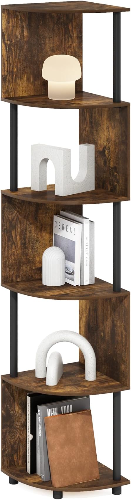 Furinno ECON Corner Shelf, 5-Tier Corner Book Shelf, Zigzag Storage Shelves, Display Rack, Bookshelf, for Organization and Storage, Living Room, Home Office, Amber Pine