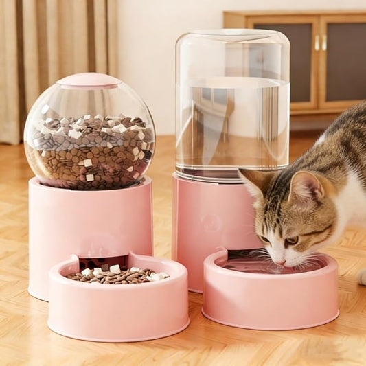 Automatic Cat Feeder and Water Dispenser Gravity Food Feeder and Water Set, Pack of 2, Cat Food Dispenser and Gravity Water Fountain for Cats Small Dogs Puppies Kittens Pets (Pink B)