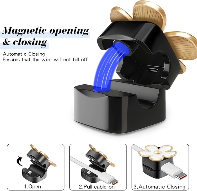 Magnetic Cord Organizer, Easy Secure Adhesive Cable Management, Wire Holder Organizer, Hide Or Organize Phone USB Charger Cable Clips for Home,Office,Car,Desk,Nightstand (White Flower-4 Pack)