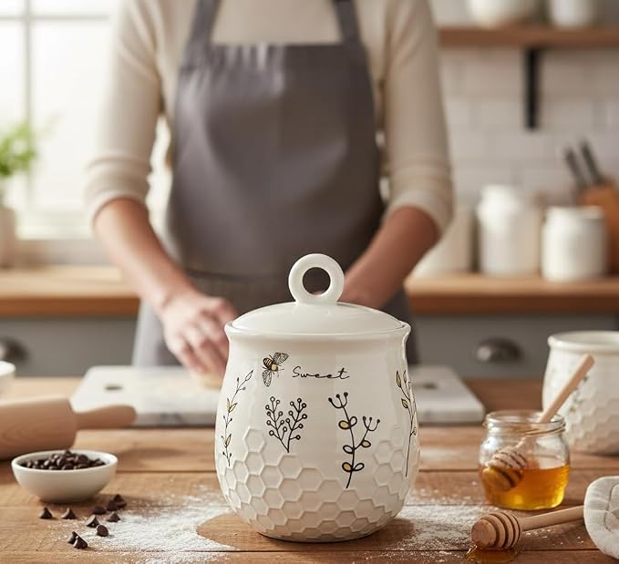 Young's Inc Honey Bee Ceramic Cookie Jar with Lid, Farmhouse Kitchen Storage Canister for Cookies, Treats,Coffee,Tea,Snacks,7.8 Inch Sweet Bee Decor Rustic Kitchen Container