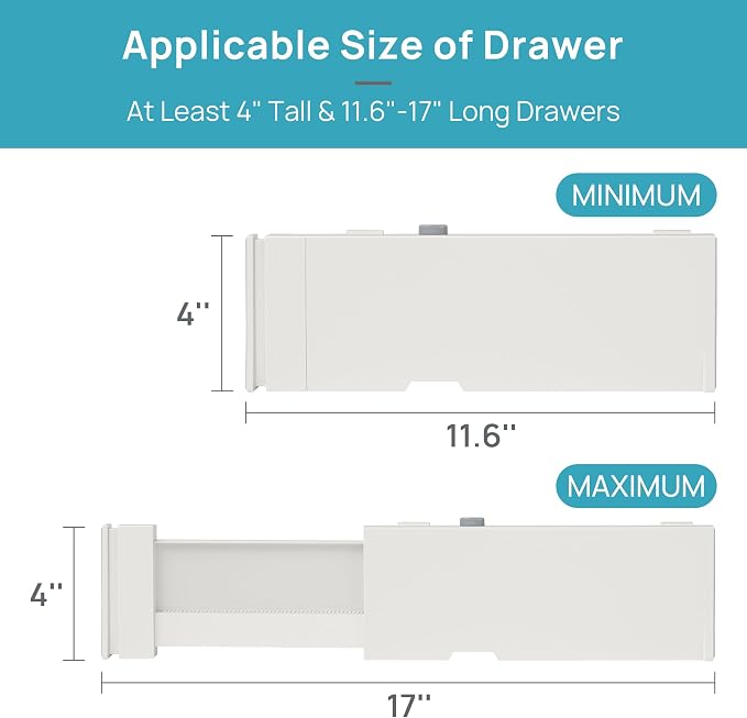 Vtopmart Drawer Dividers for Clothes 4 Pack, Adjustable 4" High Expandable from 11.6"-17" Dresser Drawer Organizer, Plastic Drawers Separators for Dresser, Baby Clothes, Kitchen and Office Storage