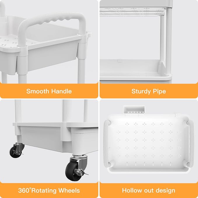 4 Tier Rolling Utility Cart with Handle,REBECAT Utility Cart Made of Multifunctional Storage Organizer Tool for Kitchen,Bathroom,Living Room,Office(White)