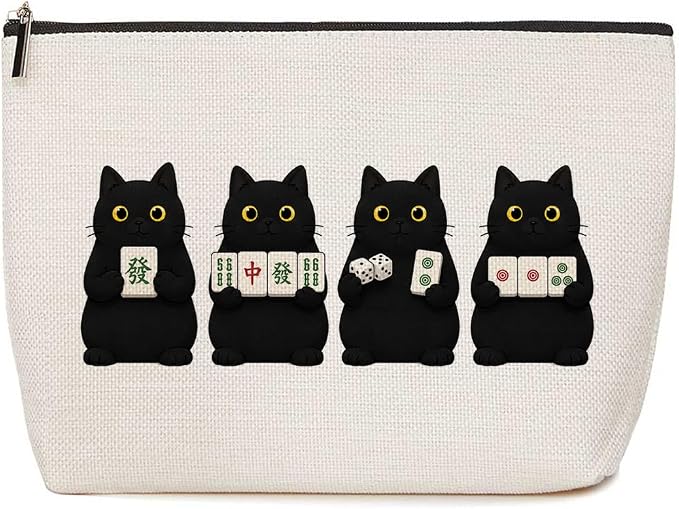 Mahjong Black Cat Makeup Bag Gift for Cat Lovers Funny Cosmetic Bag | Funny Durable Travel Organizer Pouch for Women, Outdoor Portable Toiletry Bag, Gift for Mahjong Lovers