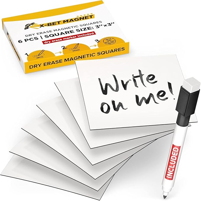 X-bet MAGNET Dry Erase Magnetic Labels, 3x3 (7.5x7.5cm), 6 pcs, White | Reusable Write-On Magnet Stickers for Fridge, Whiteboard & Classroom, Erasable Blank Labels & Sticky Notes