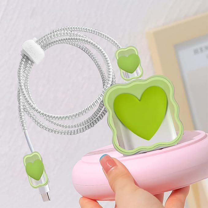 CameCosy Waves Cable Protector for iPhone Charger,Cute Protectors for Type-C Data Cable with Love Heart Pattern Data Line Phone Wire Saver Protector for iPhone 11 12 13 14 Pro Max-Green