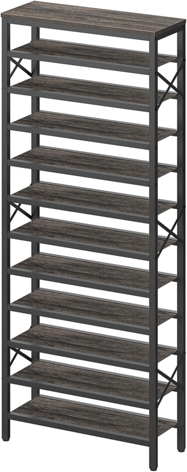YATINEY Foldable Dog Crate Furniture and 12-Tier Tall Shoe Rack Organizer, Wooden Shoe Storage for Closet Holds 48 Pairs, Sturdy Shoe Shelf with X-Shaped Metal Support, for Entryway DC95BG-SS212BC