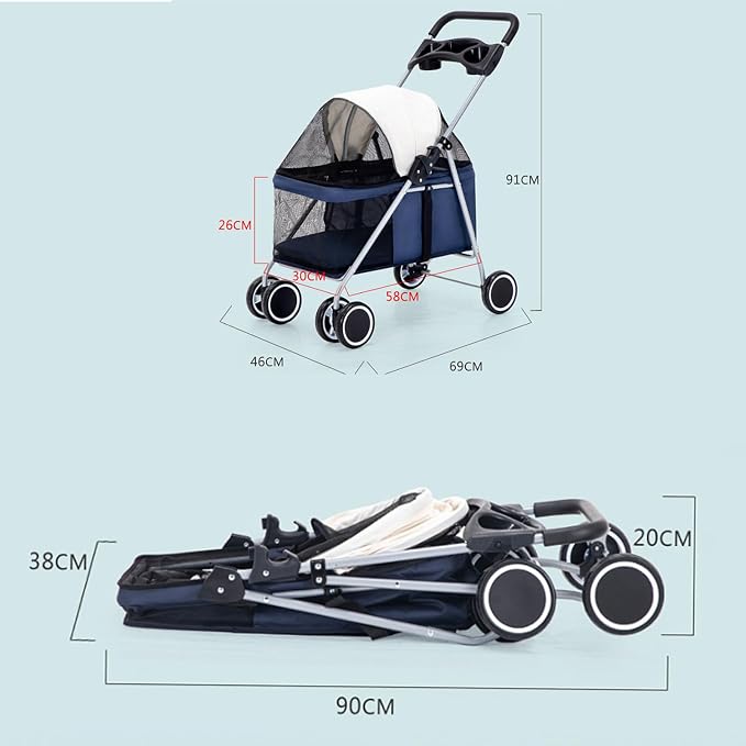 Outdoor Portable Foldable 4-Wheel Pet Cart for Small,Medium-Sized Dogs and Cats with Cup Holder,Travel Pet Small Lightweight Cart (Black)