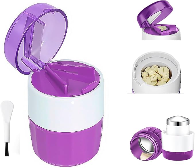 3-in-1 Pill Crusher and Cutter with Storage, BPA-Free Pill Grinder for Fine Powder, Stainless Steel Blade & Grinding Head, Portable Pill Splitter for Elderly, Pets, Travel(Purple)