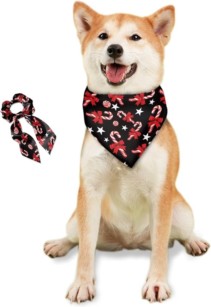 COEQINE Christmas Bandanas for Dogs Large Sleep Hair Tie for Women Matching Dog and Owner Clothes Set 2 Pcs Red Candy Cane Pattern Festival Costume Non Slip
