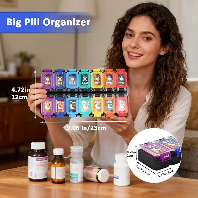 Shintop Weekly Pill Organizer 2 Times a Day, Moisture-Proof Vitamin Box | Secure-Locking Medicine Case, 14 Large Compartments for Fish Oil Supplements, Detachable Rows for Home & Travel, Bold Labels