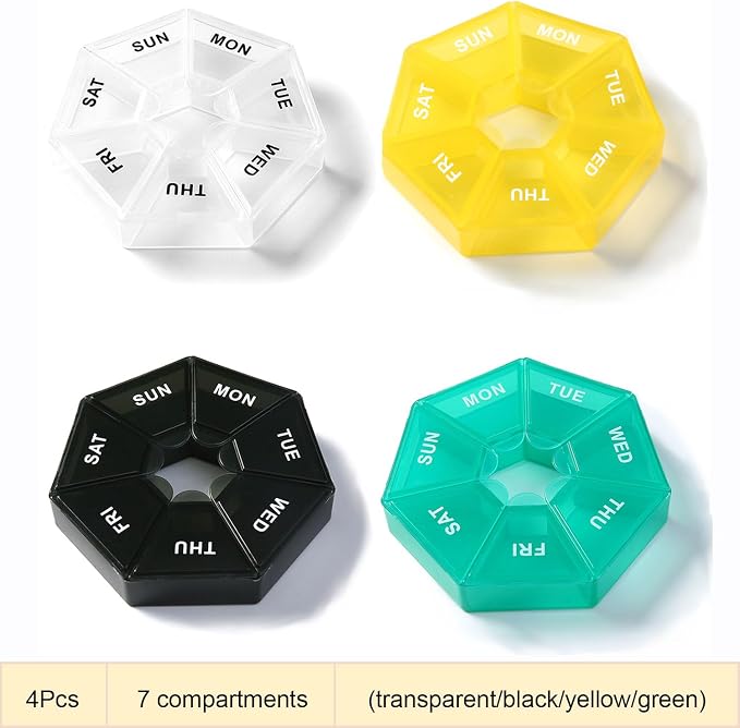 4X Travel Pill Organizer, Small Weekly Portable Pill Box Dispenser | 7 Compartments Weekly Medicine Vitamin Supplement Holder Reminder, Arthritis-Friendly (Black, Yellow, Green, Transparent)