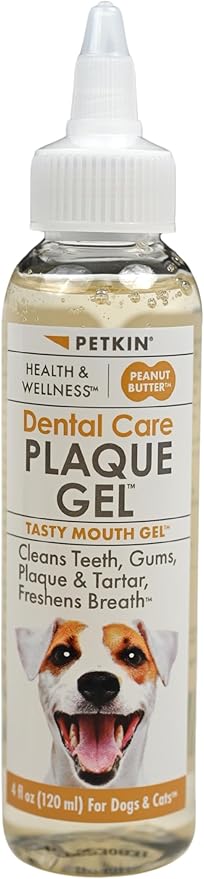 Petkin Plaque Remover Gel, Peanut Butter – Cleans Teeth and Gums, Removes Plaque and Tartar - Freshens Breath and Whitens Teeth with Baking Soda - Ideal for Daily Use, No Brushing or Rinsing - 4 fl oz