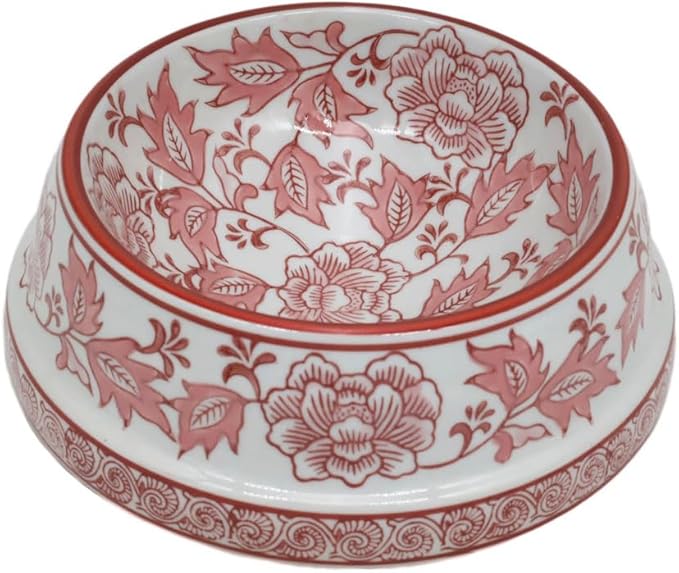 Aimusego Pink & White Ceramic Dog Bowl,Chinoiserie Floral Heavy Duty Non-Slip Dog Food Water Bowls, Ceramic Dish for Medium and Small Dogs and Cats, for Pet Owners,Puppy 9inch