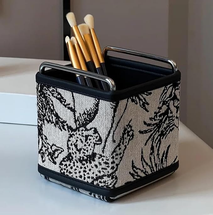 Leather Remote Control Holder - TV Remote Organizer Bedside Tapestry Caddy | No-assembly sturdy remote organizer in textured tapestry jacquard & leather. Randomly cut jungle pattern (no two are alike).