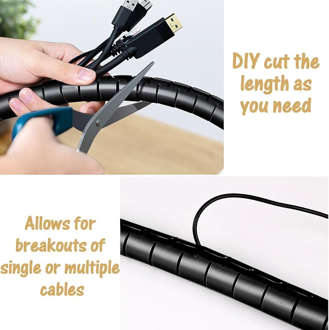 Large PC Cable Management Tube Sleeve Under Desk Wire Organizer for Cords 2 PCS Black, 1.1 inch -5 ft EZ Spiral Cable Wrap Cover Bundler w/Clips for TV Office, Pet Proof Cable Protector