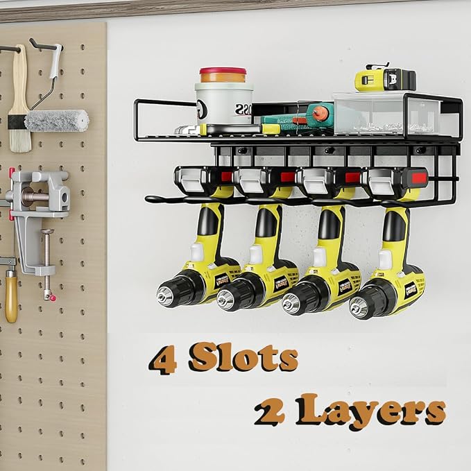 AZERPIAN Power Tool Organizer Heavy Duty Wall Mount Drill Tools Holder | Garage Wall Mount Tool Rack, Workshop Metal Cordless Tool Shelf, 1 Layers Utility Storage Racks for 4 Drill Holders